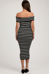 Black Striped Ribbed Off Shoulder Maternity Midi Dress