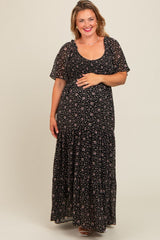 Black Floral Chiffon Smocked Maternity Plus Maxi Dress