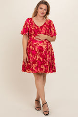 Red Leaf Print Smocked V-Neck Maternity Plus Dress