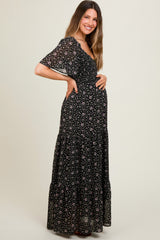 Black Floral Chiffon Smocked Maternity Maxi Dress