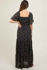 Black Floral Chiffon Smocked Maternity Maxi Dress