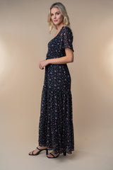 Black Floral Chiffon Smocked Maxi Dress