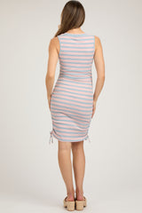 Pink Multi-Color Striped Ribbed Sleeveless Ruched Maternity Dress