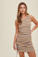 Yellow Multi-Color Striped Ribbed Sleeveless Ruched Dress