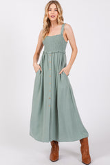 Light Olive Button Down Smocked Maternity Dress