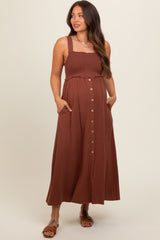 Brown Button Down Smocked Maternity Dress