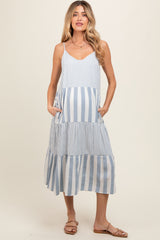 Blue Striped Side Pocket Maternity Midi Dress