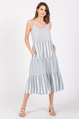 Blue Striped Side Pocket Maternity Midi Dress