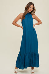 Teal Textured Halter Tie Maxi Dress