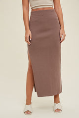 Mocha Ribbed Knit Side Slit Midi Dress