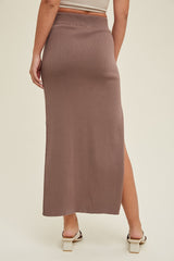 Mocha Ribbed Knit Side Slit Midi Dress