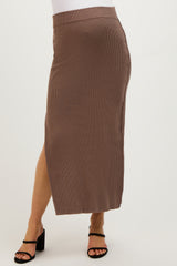 Mocha Ribbed Knit Side Slit Maternity Midi Dress