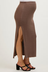 Mocha Ribbed Knit Side Slit Maternity Midi Dress