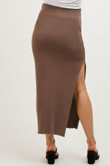 Mocha Ribbed Knit Side Slit Maternity Midi Dress