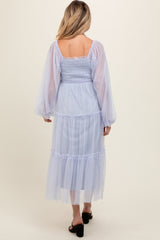 Light Blue Mesh Tiered Long Sleeve Maternity Maxi Dress