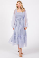 Light Blue Mesh Tiered Long Sleeve Maternity Maxi Dress