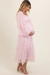 Pink Mesh Tiered Long Sleeve Maternity Maxi Dress