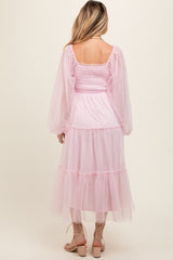 Pink Mesh Tiered Long Sleeve Maternity Maxi Dress