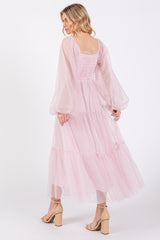 Pink Mesh Tiered Long Sleeve Maxi Dress