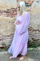 Pink Mesh Tiered Long Sleeve Maternity Maxi Dress