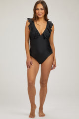 Black Lasercut Detail Ruffle Trim One Piece Maternity Swimsuit