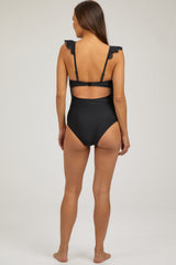 Black Lasercut Detail Ruffle Trim One Piece Maternity Swimsuit