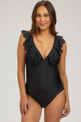 Black Lasercut Detail Ruffle Trim One Piece Maternity Swimsuit