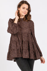 Brown Animal Print Mock Neck Tiered Top