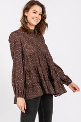 Brown Animal Print Mock Neck Tiered Top