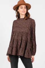 Brown Animal Print Mock Neck Tiered Top