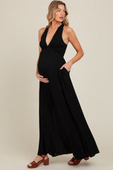 Black Deep V-Neck Cross Back Maternity Maxi Dress