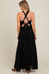 Black Deep V-Neck Cross Back Maternity Maxi Dress