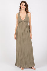 Olive Deep V-Neck Cross Back Maternity Maxi Dress