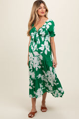 Green Floral Smocked Knotted Top Maternity Maxi Dress