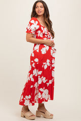 Red Floral Smocked Knotted Top Maternity Maxi Dress