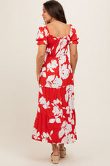 Red Floral Smocked Knotted Top Maternity Maxi Dress