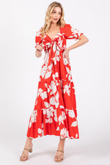 Red Floral Smocked Knotted Top Maternity Maxi Dress