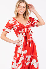 Red Floral Smocked Knotted Top Maxi Dress