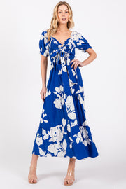 Royal Floral Smocked Knotted Top Maxi Dress