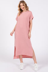 Light Pink Ribbed Short Sleeve Maternity Midi Dress