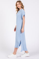 Light Blue Ribbed Short Sleeve Midi Dress