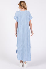 Light Blue Ribbed Short Sleeve Midi Dress