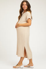 Beige Ribbed Short Sleeve Maternity Midi Dress