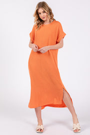 Orange Ribbed Short Sleeve Midi Dress