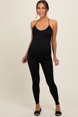 Black Halter Maternity Fitted Jumpsuit