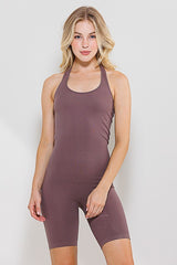 Brown Ribbed Fitted Halter Maternity Romper