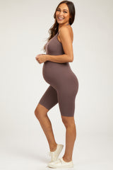 Brown Ribbed Fitted Halter Maternity Romper