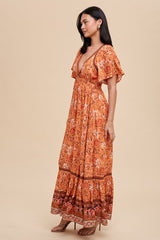 Orange Floral Flounce Sleeve Maxi Dress