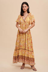 Yellow Floral Flounce Sleeve Maternity Maxi Dress