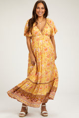 Yellow Floral Flounce Sleeve Maternity Maxi Dress